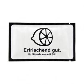 Erfrischungstücher Steakhouse 1 Farbig bedruckt auf weiss Kraftpapieren Sachet mit Ökologisch Erscheinungsbild